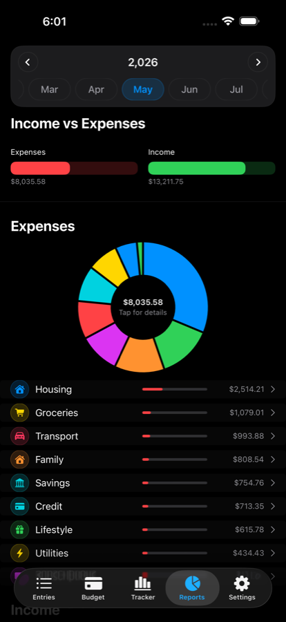 Wise Budget dark mode reports screen showing income, expenses, and a spending breakdown chart.