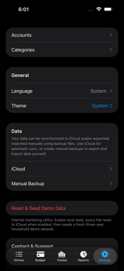 Wise Budget settings screen in dark mode with sync and backup options.